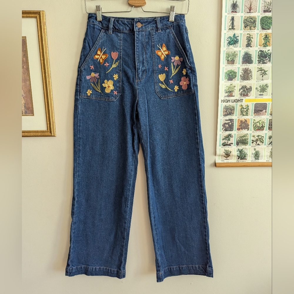 Princess Highway Dark Blue Wide Leg Jeans with Floral Embroidery